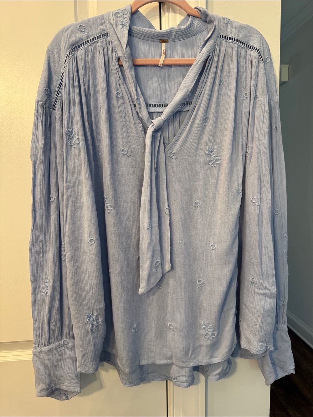 Free People Light Blue Tie-Neck Embroidered Button-Down Shirt